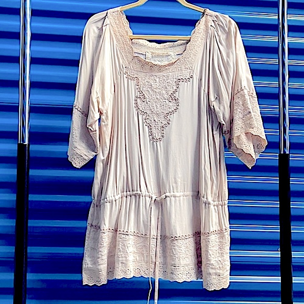 Whimsical Cream Embroidered Floral Mini Dress w/ Cinch Waist & Eyelet Waffle Hem